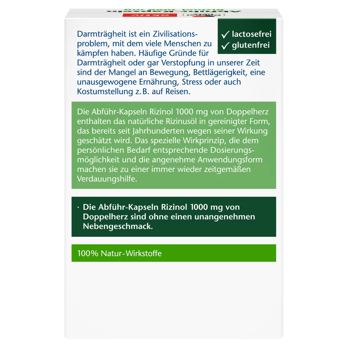 Abbildung der Produktverpackung Doppelherz aktiv Abführ-Kapseln Rizinol 1000 mg Rückansicht